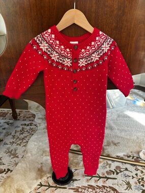 Hanna Andersson Red Fair Isle Knit Baby Romper